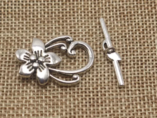 20 Sets Tibetan Silver Tone Flower Toggle Clasps 20X30mm Bracelet Making