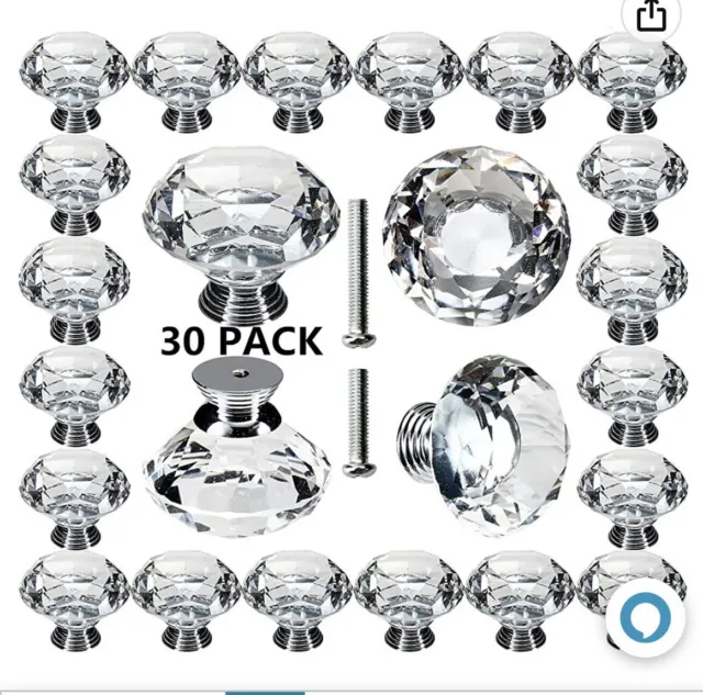 Crystal Knobs 30 Pack Kitchen Cabinet Knobs Drawer Pull Knobs Clear Glass Knobs