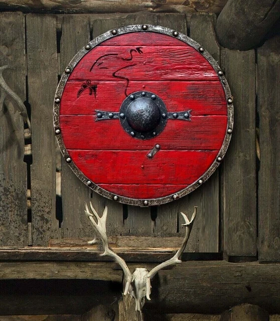 Bouclier rond viking médiéval, artisanal en bois et métal, bouclier normand à fl