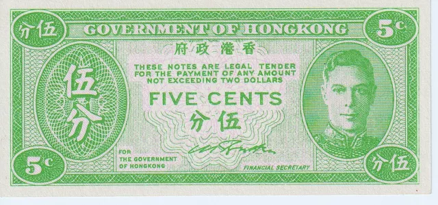 1945 Hong Kong 5 Five Cents Banknote - P# 322 - UNC - # 28200