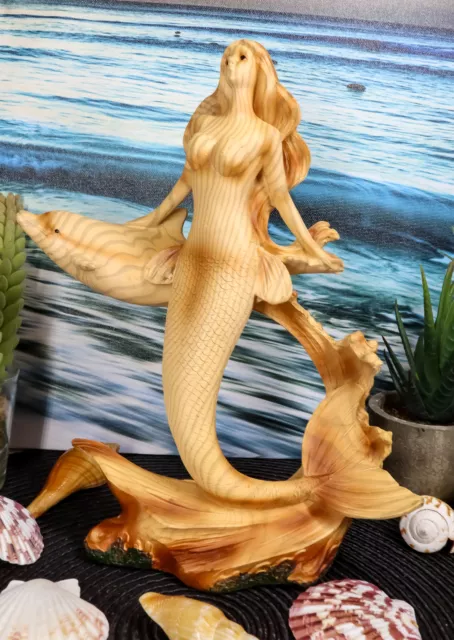 Large Ocean Mermaid Princess With Dolphin Friend Figurine Coastal Marine Statue