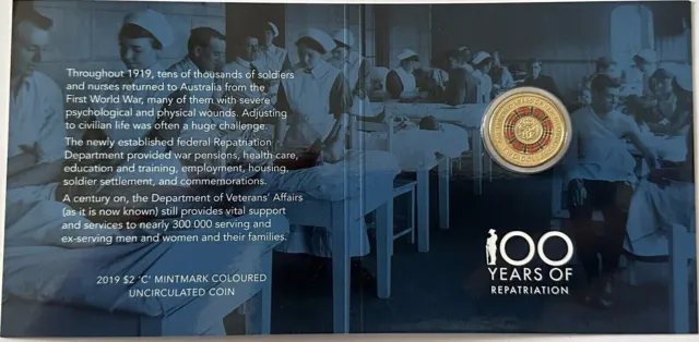 2019 100 years of Repatriation $2 "C" Mint Mark Unc Coloured Coin carded.