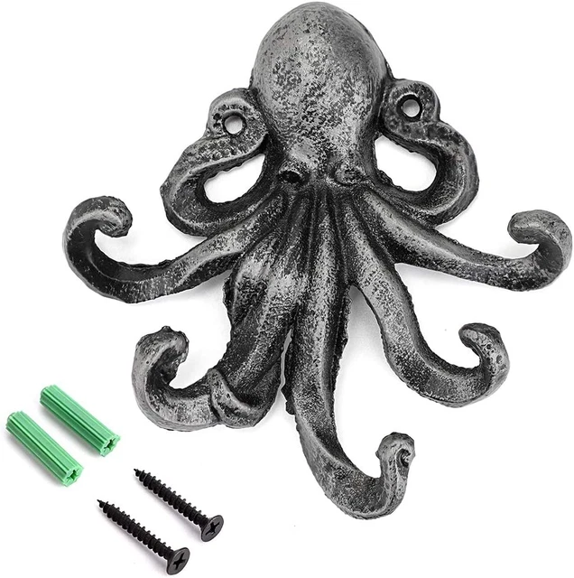 6 Inch Cast Iron Octopus Decorative Coat Hook - Wall Mounted Nautical
