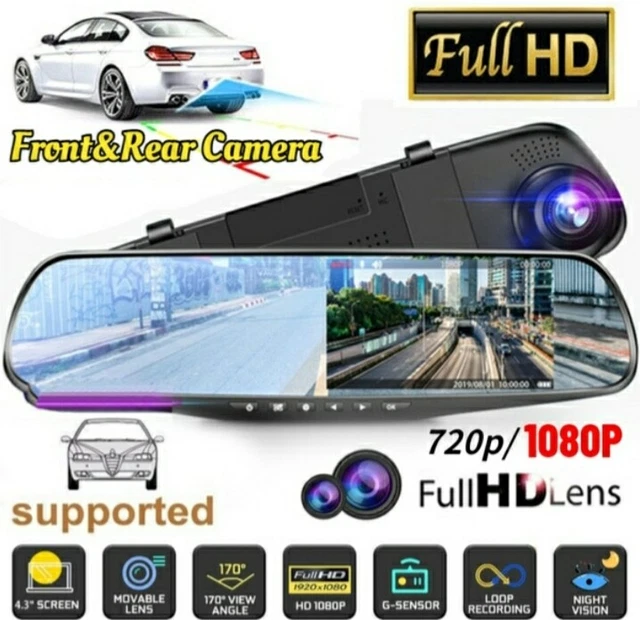Dash Cam Specchietto Retrovisore 4.3" – Full HD Anteriore 1440x1080p E Camera Posteriore 140°, Rilevamento Movimento, Parcheggio, Scheda Fino A 32GB