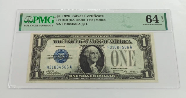 1928 $1 Silver Certificate Fr #1600 Graded by PMG as Choice Unc 64 EPQ