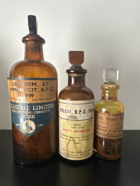 Set Of 3 1949 Chemist Bottles With Stoppers