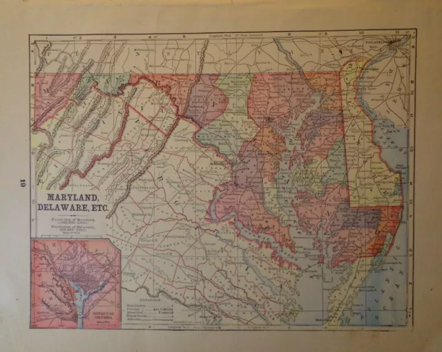 Vintage 1889 Maryland Delaware Virginia West V. Map Peerless Atlas of The World