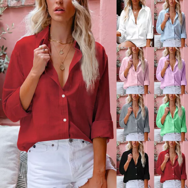 WOMENS LONG SLEEVE Linen Shirt Ladies Casual Baggy Button up Plain Blouse Tops 9.79 PicClick UK