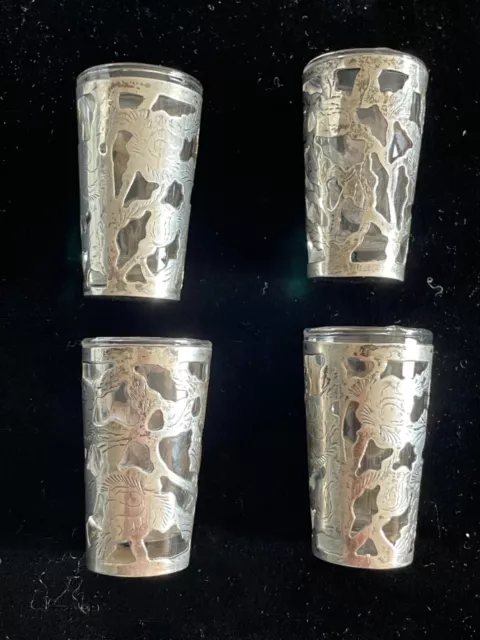 4 Vintage Mexico Sterling Filigree Liquor Shot 2 inches Glasses 50s Barware