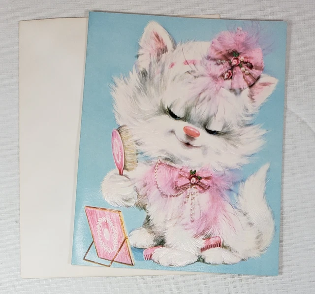 Pastel Pets White Cat Large Greeting Card & Envelope, 1970, Unused