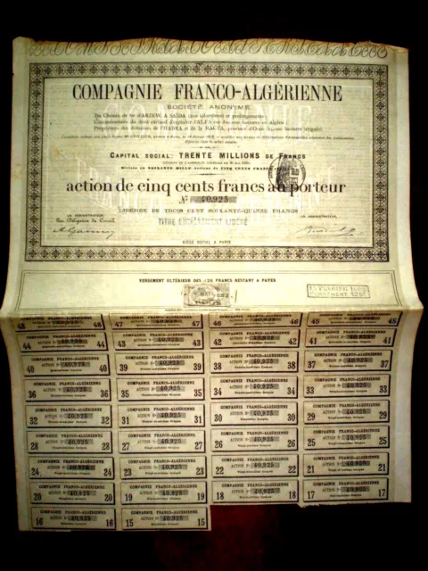 Compagnie Franco-Algérienne 1881   500 francs  share certificate.