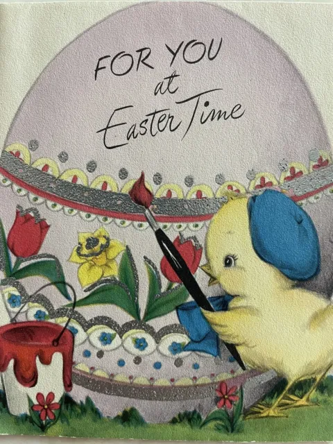 Vintage Easter Card FOR YOU Baby Chick Blue Beret Painter Glitter Eggs USED 60s