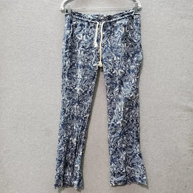 Roxy Women Pants Medium Blue Ocean Side Linen Blend Pockets Drawstring