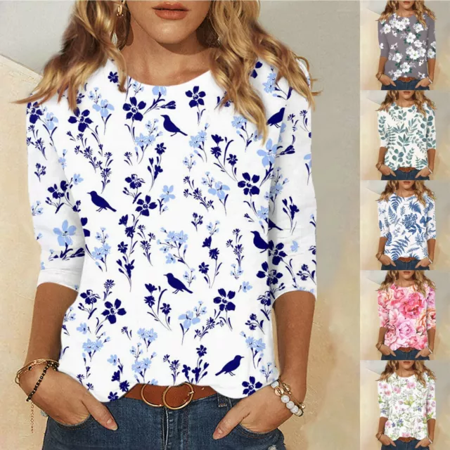 ✅Womens Round Neck Fashion Print 3/4 Sleeves Floral T-Shirt Slim Top Casual Tops