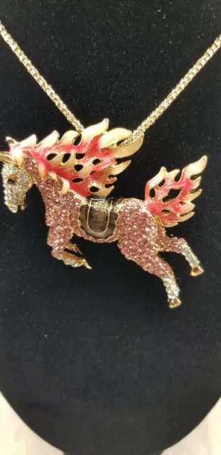 Pink Enamel & Crystal Rhinestone Betsey Johnson Leaping Horse Pendant Necklace