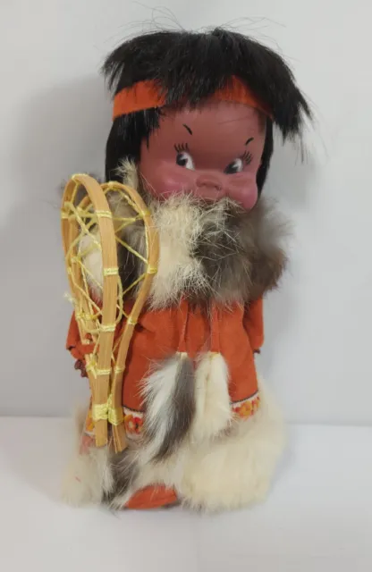 10" Vtg Regal Indien Art, Eskimo Doll, Suede Real Fur Outfit with Snowshoes