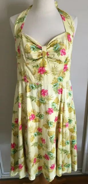 COLLECTIF London Yellow Tropical Halter Neck 50's Look Pinup Rockabilly Dress 12