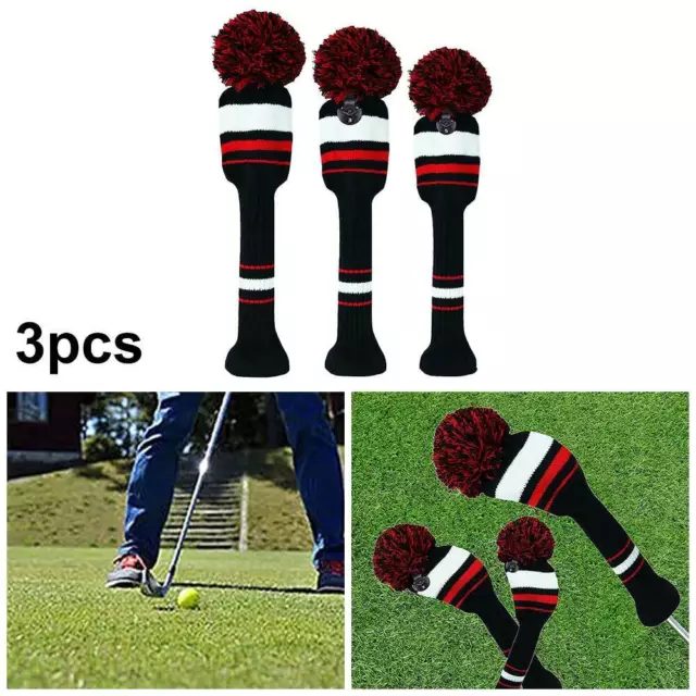 3x Golf Pom Head Covers For Driver Fairway Hybrid Knitted Club Headcover Lined