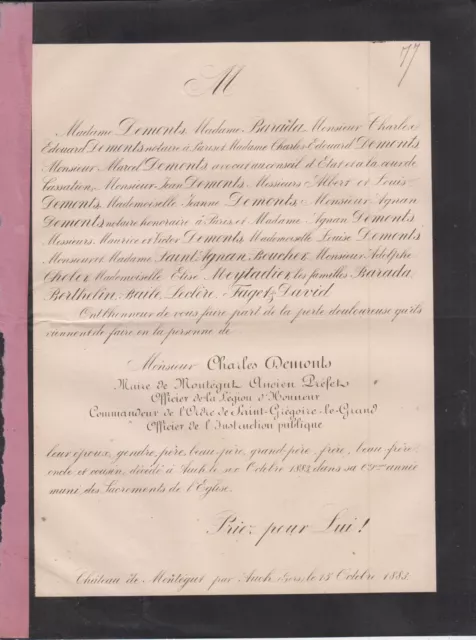 Auch 1883 Faire-part décès Charles DEMONTS, maire de Montégut (Gers).
