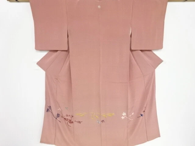 42520# Japanese Kimono / Antique Kimono / Embroidery / Floral Plants