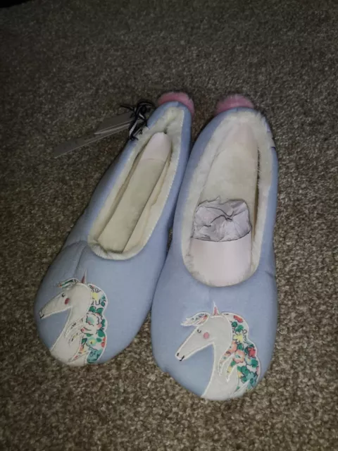 BNWT Joules Unicorn Slipper Slippets Ballet Size 3-4 Blue Pink Embroidered