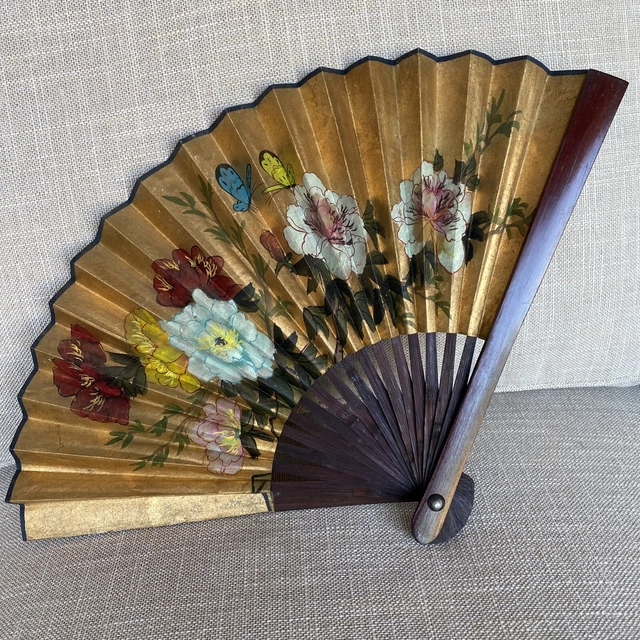 HAND FAN With Wooden Spokes VTG Asian Hand Painted Double Paper EUC Beautiful