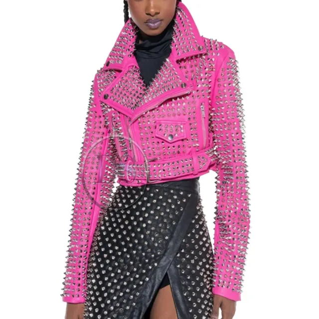 New Women Pink Genuine Leather Jacket With Silver Studded Fashion Belted Jacket