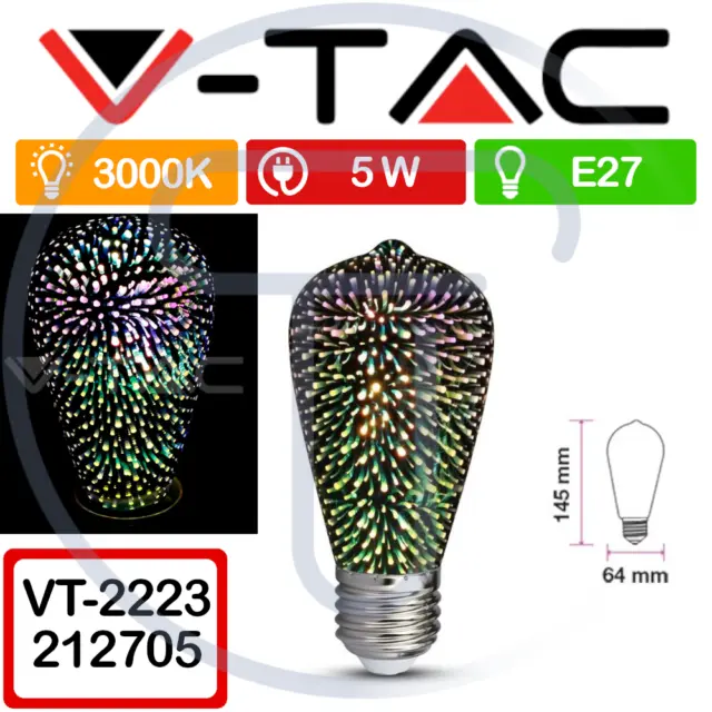 V-TAC VT-2223 2705 Lampadina LED E27 3W ST64 Filamento 3D Bianco Caldo 3000K