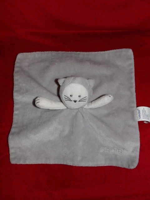 Doudou Plat Obaibi  Okaidi Chat Gris Blanc Dessous Pointillé Gris Noir