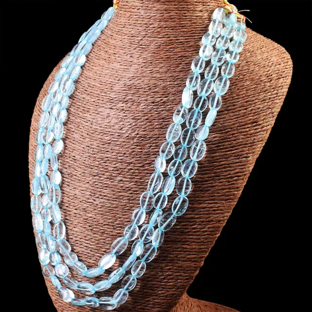 490.00 Cts Natural 3 Line Blue Aquamarine Oval Shape Beads Necklace NK 17E125