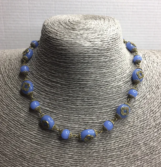 Vintage czech glass and brass ornate necklace blue barrel clasp stunning
