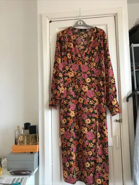 Lola Skye Funky Midi Dress Size 8 Puffed Sleeve ASOS Vintage Style Floral Orange