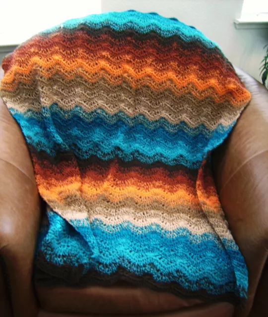 New Hand Crochet Orange Turquoise Multi Color Afghan Throw Lap Blanket Hand Made