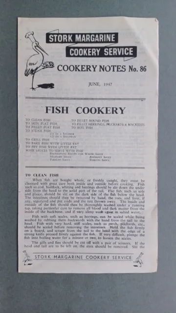 Original Stork Margarine Cookery Notes No. 86 June 1947 "Fish Cookery"