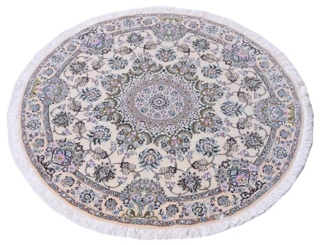 Naïn 9 La 146 X 146 CM Fin Tapis Oriental Noué à la Main Persan Beige Rond Neuf