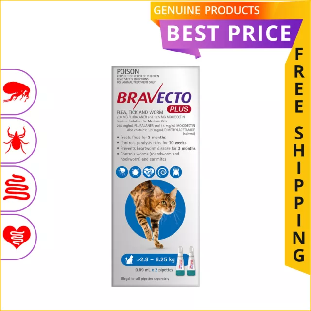 BRAVECTO PLUS for Cats 2.8 to 6.25 Kg BLUE Pack 2 Doses Heartworm Flea Control