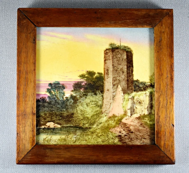 Antique Mintons China Works Waterside Views Oak Framed Tile Ruined Abbey Church
