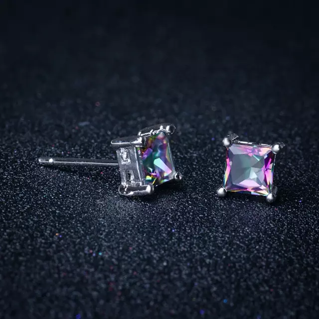 Genuine Men Women 925 Solid Sterling Silver Cubic Zirconia Square Stud Earrings