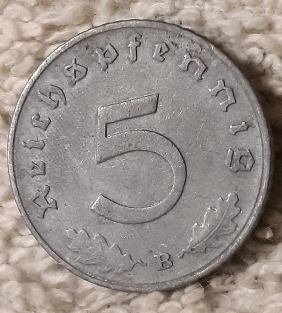 Vintage 1940 B  , WW2 German 5 Reichspfennig , WWII Era Heavily Circulated Coin 3