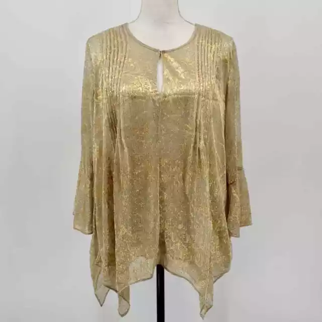 Tahari Gold Kate Blouse Size Large Tunic Top Metallic 3/4 Bell Sleeves Pleated