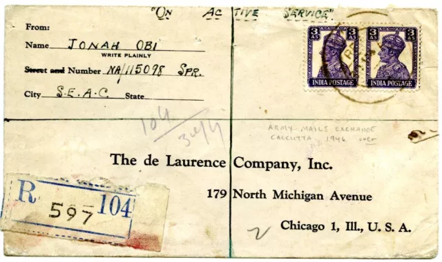 Registered cover from Calcutta (India) to Chicago (US),1946. Army Mails Exchange