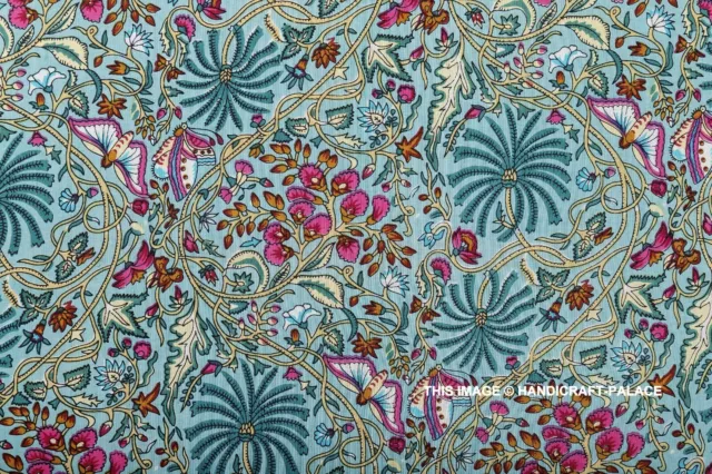 Indio Handmade Algodón Puro Tela 4.6m Corriendo Palmera Natural Estampado Verde