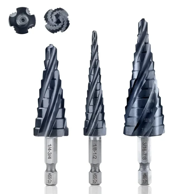 Toolant Four Spiral Flute Cobalt Step Drill Bit Set(Pro Max), 1/8"-7/8"(3pcs)