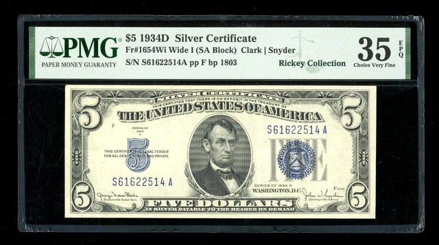 DBR 1934-D $5 Silver Fr. 1654Wi Wide I SA Block PMG 35 EPQ Serial S61622514A