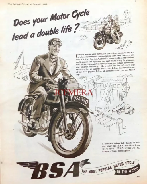 B.S.A. 'Model B31' 350cc Motor Cycle Advert : 1952 M/Cycle Print
