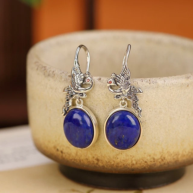 I02 Phoenix Mythological Bird Earrings on Blue Lapis Lazuli Silver 925