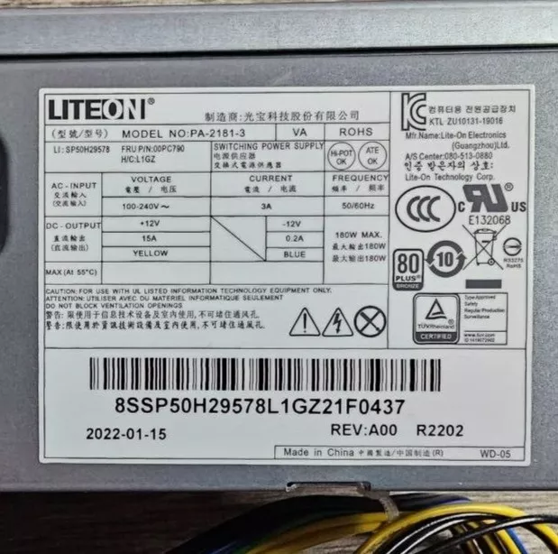 Netzteil Liteon PA-2181-3. Max 180W.  LI:SP50H29578 FRU P/N:00PC790