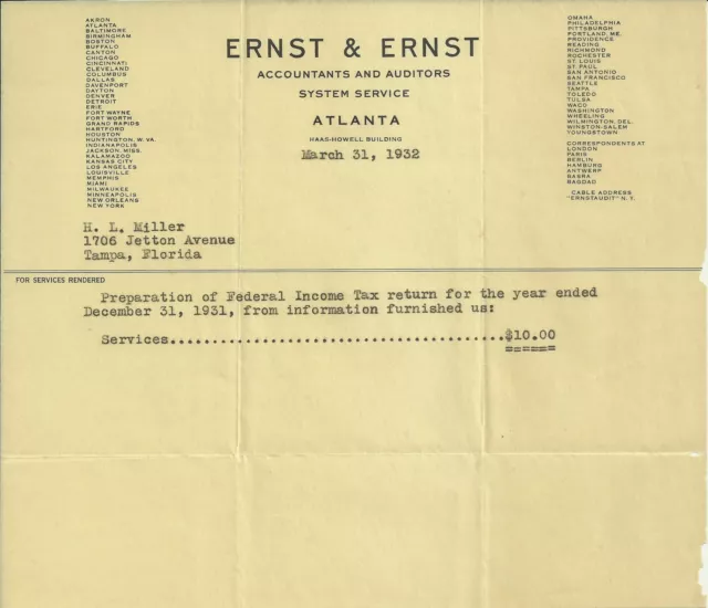 Old Vintage Ernst & Ernst Accountants Atlanta Georgia 1932 Invoice