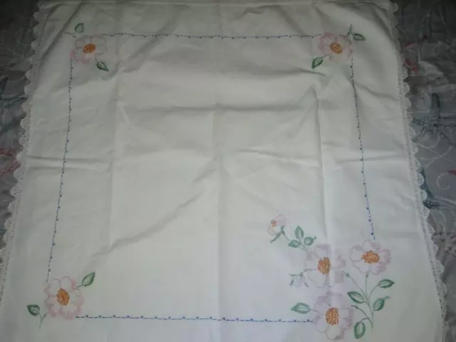 Vintage Tablecloth Card Table Embroidered Floral Crocheted Edging