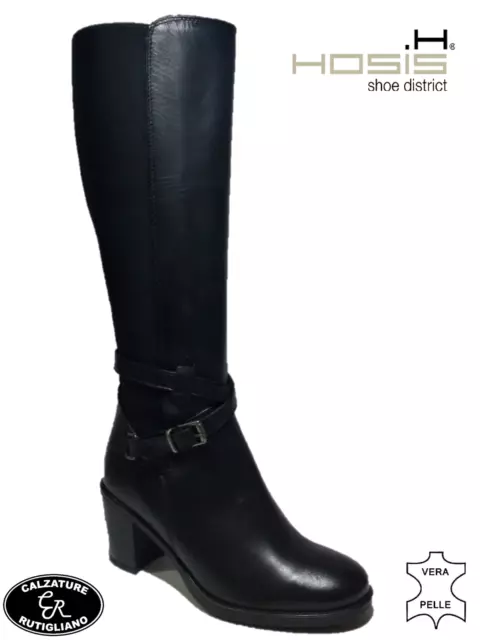 Stivali  Donna Pelle Nero Ginocchio Boots Vera Pelle Elastico - Hosis Svi50684